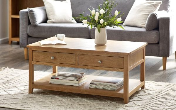 mallory coffee table with drawers roomset