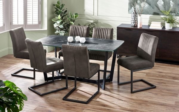 olympus black marble dining table with brooklyn charcoal chairs roomset