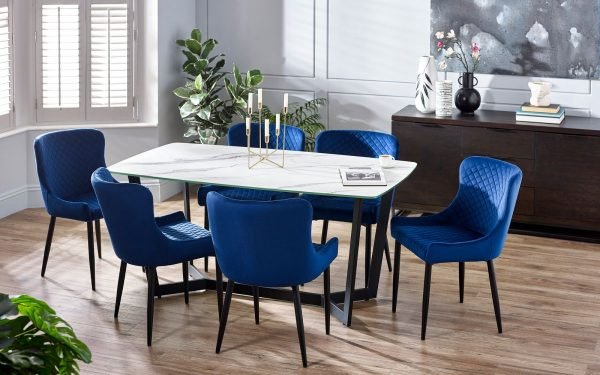 olympus white marble dining table luxe blue dining chairs roomset