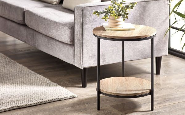 tribeca sonoma oak round lamp table with shelf roomset