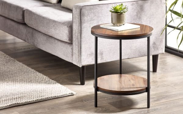 tribeca walnut round lamp table with shelf roomset