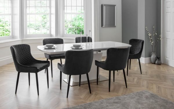 luxe grey chairs como table roomset