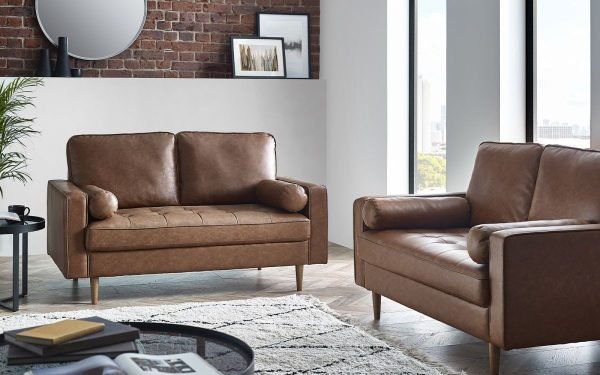 hen henley seater sofa brown faux leather roomset