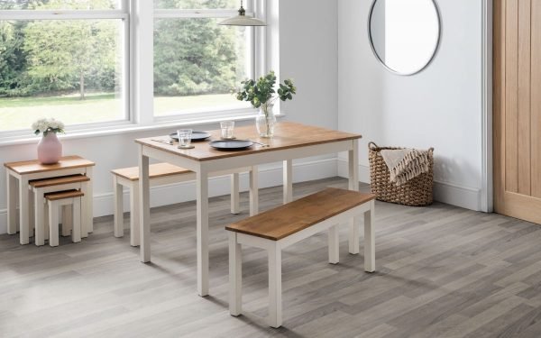 coxmoor white oak dining table with benches roomset