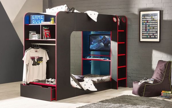 impact gaming bunk black red open drawer roomset